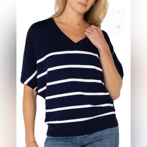 Liverpool Los Angeles Short Sleeve Dolman  Navy/White Striped V-Neck Sweater M